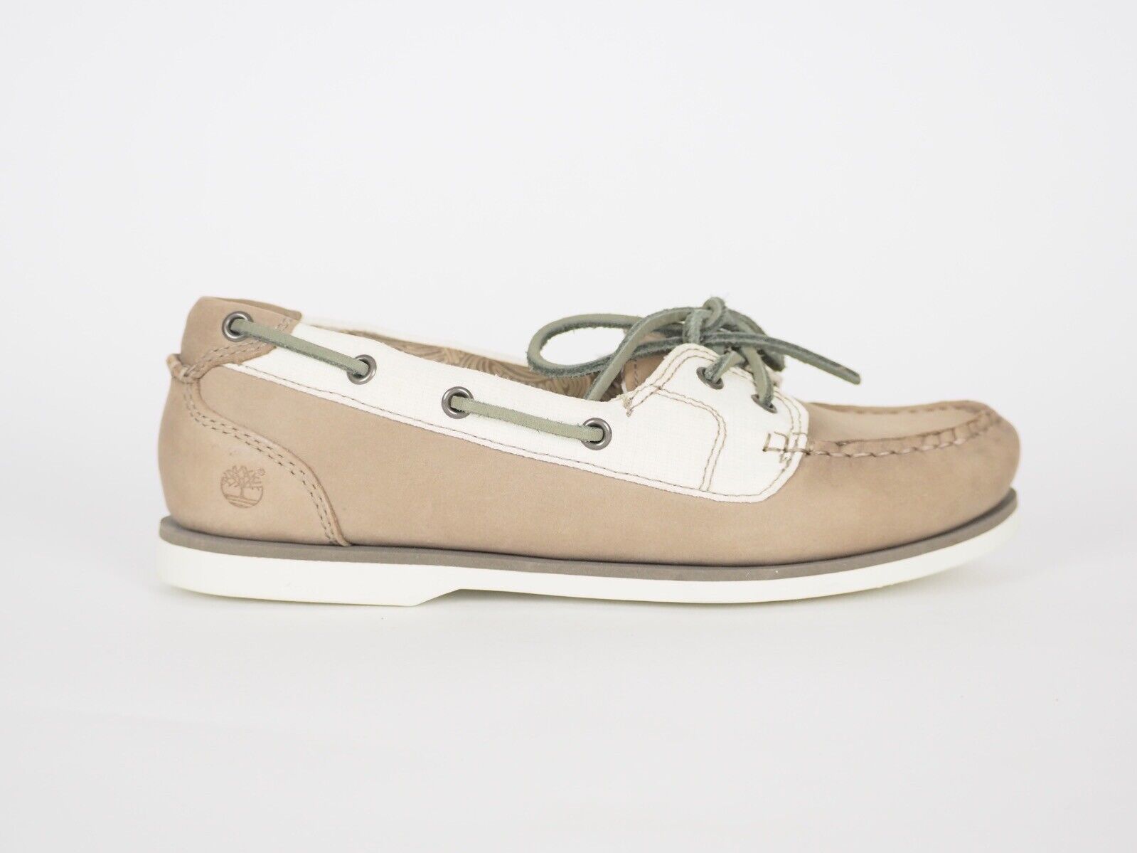 Womens Timberland 2 Eye 27616 Taupe Leather Fabric Boat Deck Shoes - London Top Style