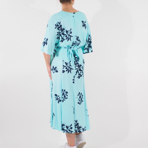 Womens Ex M&S Half Sleeve Viscose Dress Blue Floral Round Neck Ladies Long Dress