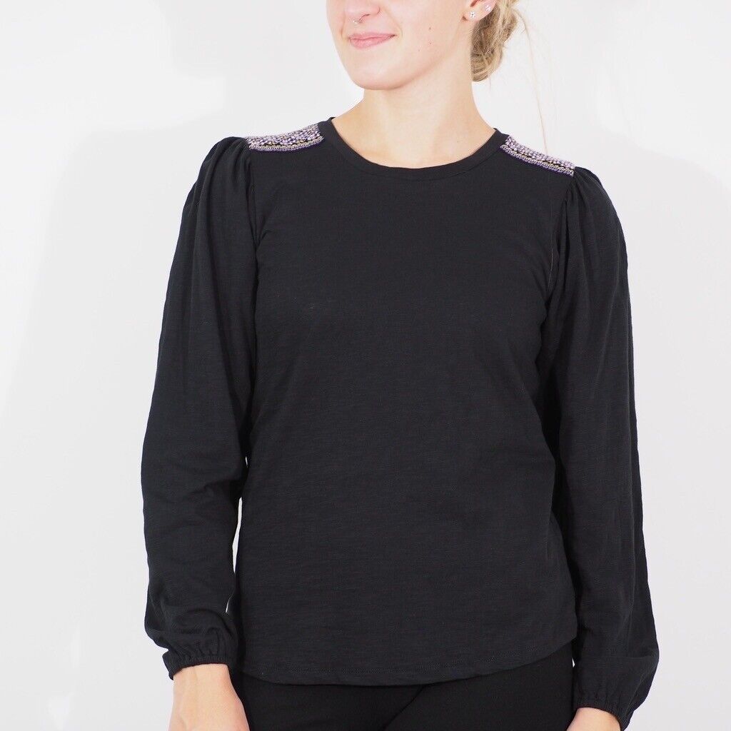 Womens Ex M&S Per Una Long Sleeve Top Black Breathable Cotton Round Neck Blouse