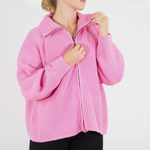 Womens Ex M&S Long Sleeve Top Pink Full Zip Casual Ladies Warm Cotton Jumper