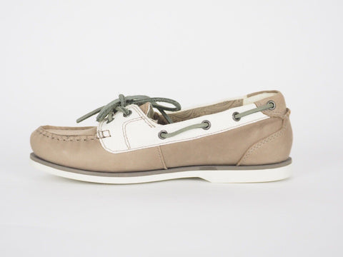 Womens Timberland 2 Eye 27616 Taupe Leather Fabric Boat Deck Shoes - London Top Style