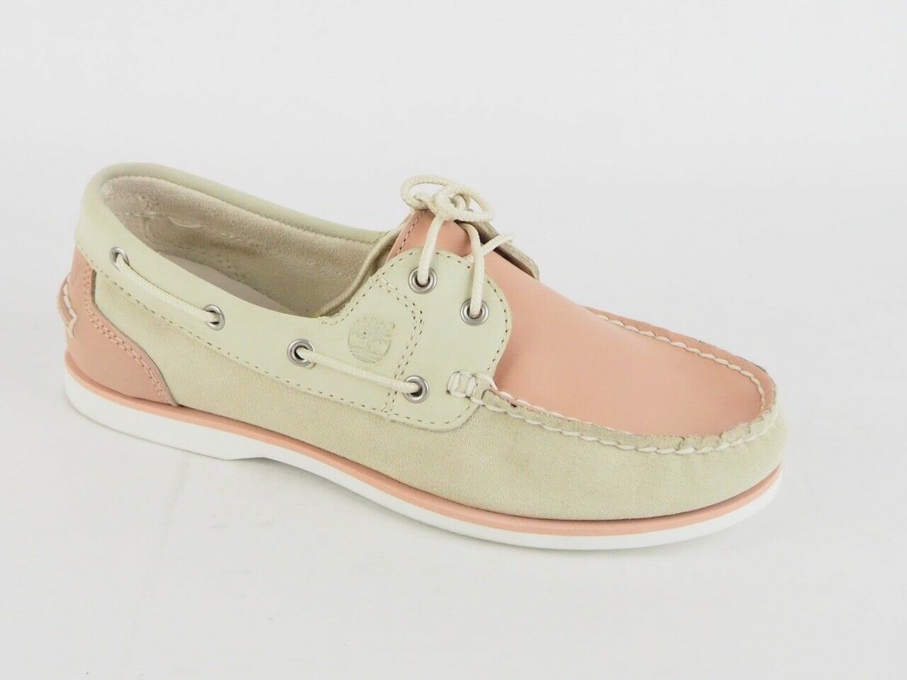 Womens Timberland Classic 2 Eye Boat 8146A Beige / Pink Leather Boat Shoes - London Top Style
