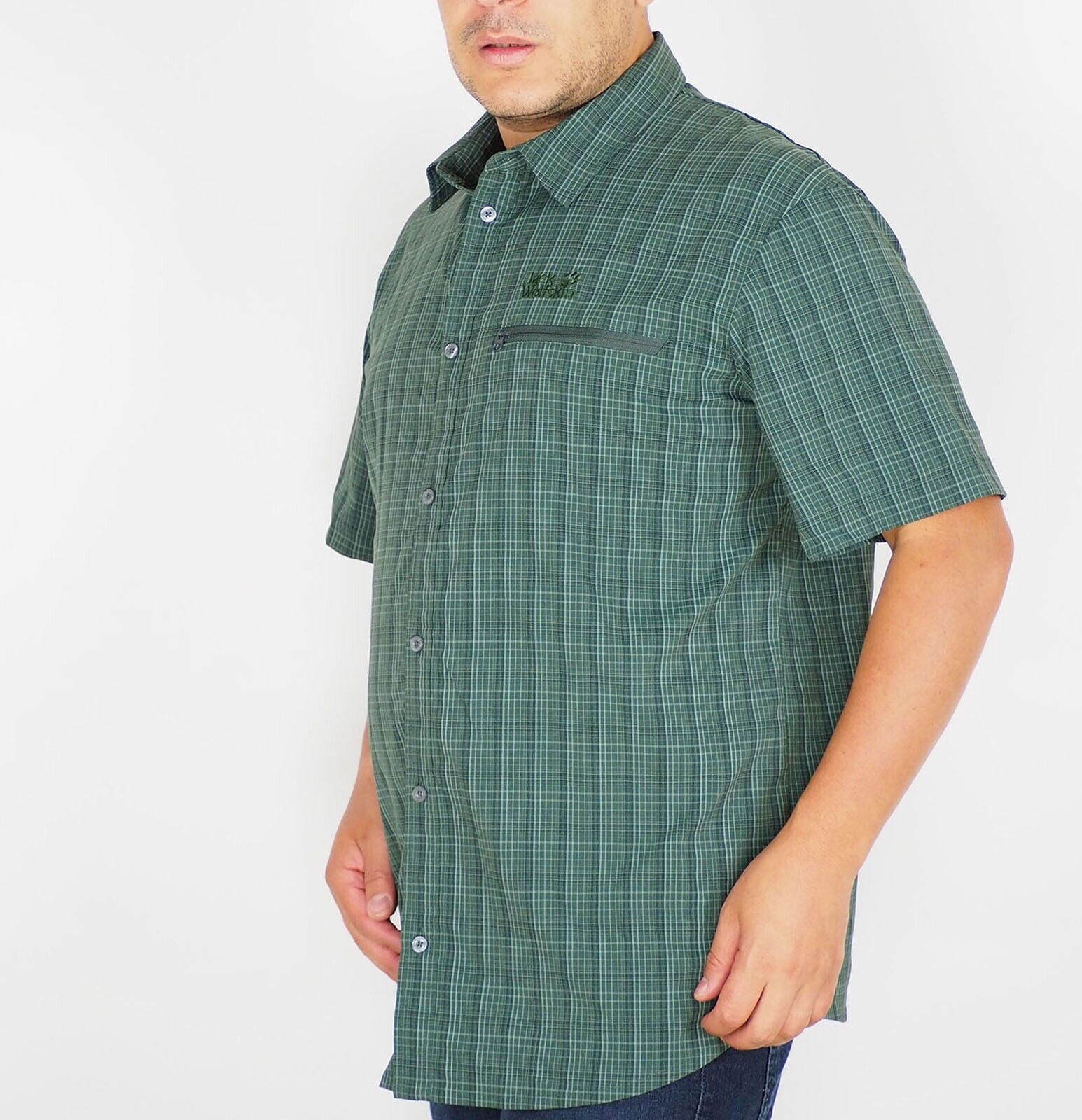 Mens Jack Wolfskin New Mountain Green Checked Short Sleeve Regular Fit Shirt - London Top Style