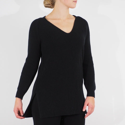 Womens Ex M&S Long Sleeve Top Black V Neck Casual Ladies Warm Cotton Jumper