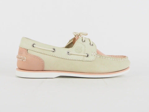 Womens Timberland Classic 2 Eye Boat 8146A Beige / Pink Leather Boat Shoes - London Top Style