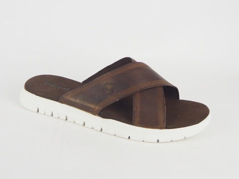Mens Timberland Piermont Cross Band A13VJ Brown Leather Slips On Sliders - London Top Style